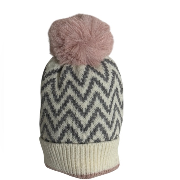 Soft Warm Style Pink Knitted Chevron Print Beanie With Faux Fur Pom Pom - Picture 4 of 4